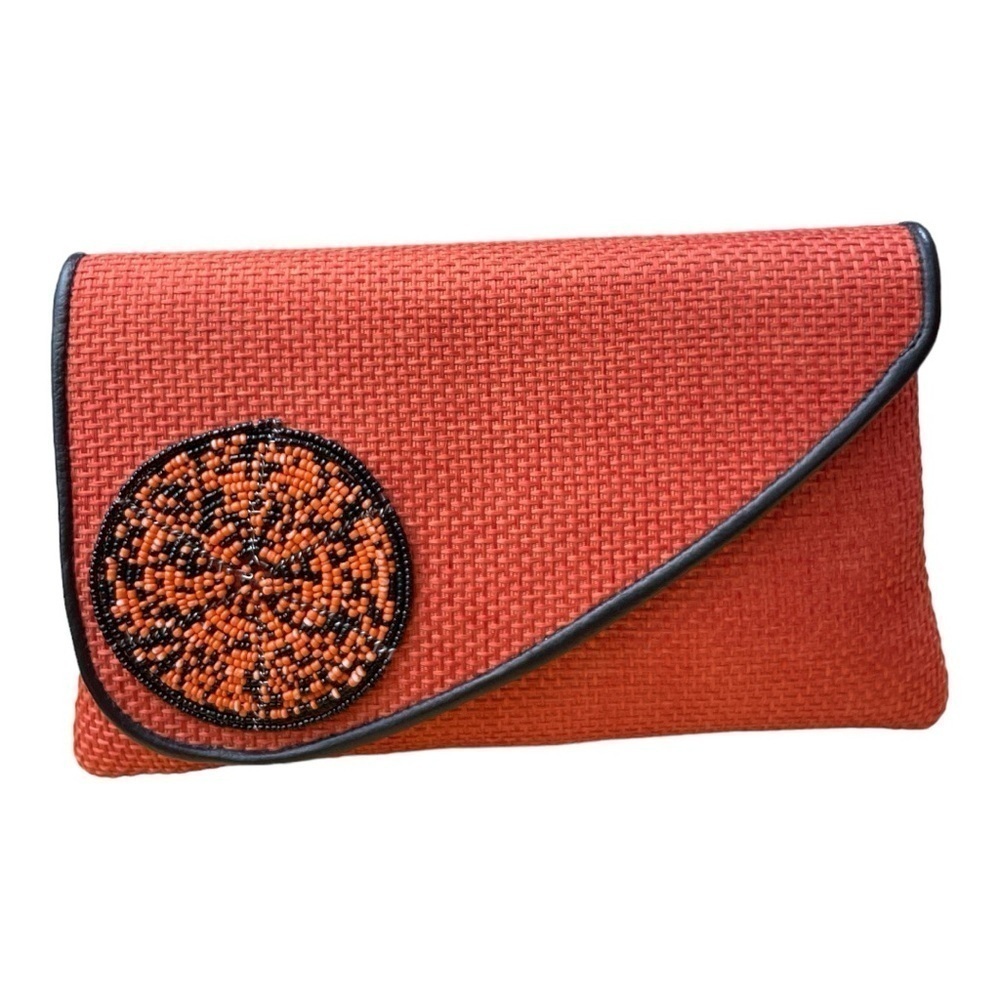 Womens Beaded Maasai Fabric and Jute Clutch Purse
Orange Large